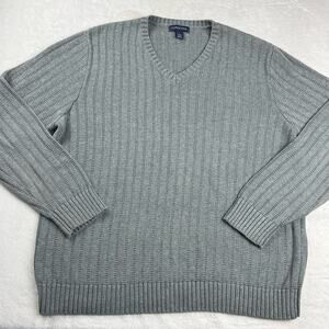 Lands End Ribbed Striped Cable Knit V neck Sweater Men’s size Large Gray Vintage